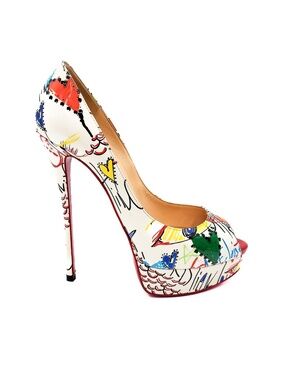 Christian Louboutin Fetish Peep 150 Graffiti Patent Leather Platform Pumps EU 38